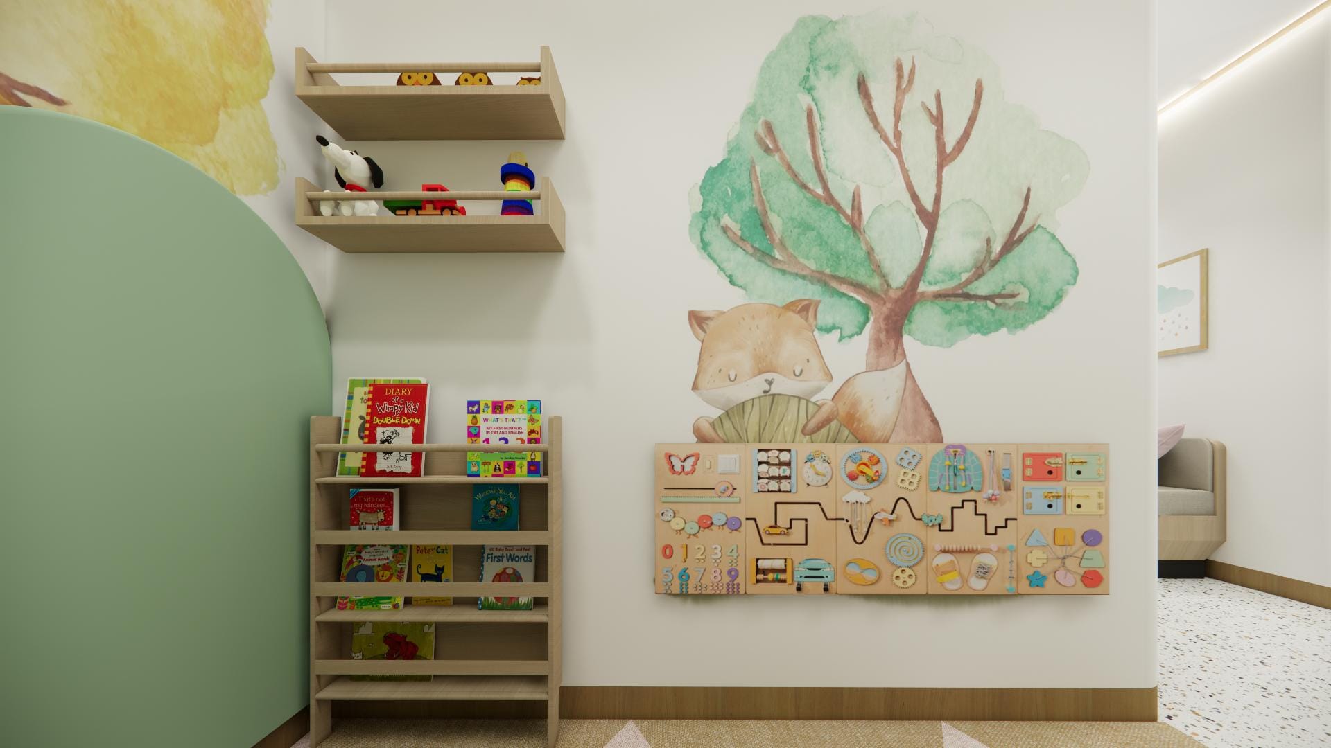 Ilustrasi sudut bermain klinik Tumbuh Plus dengan rak buku dan panel aktivitas anak
